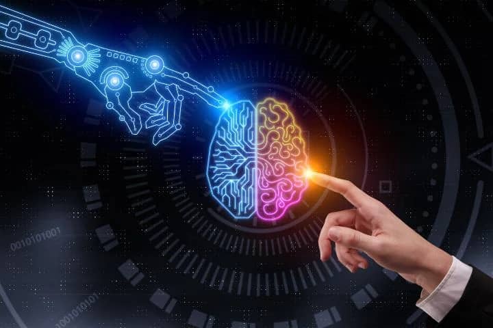 Rosto humanoide com circuitos representando inteligência artificial
