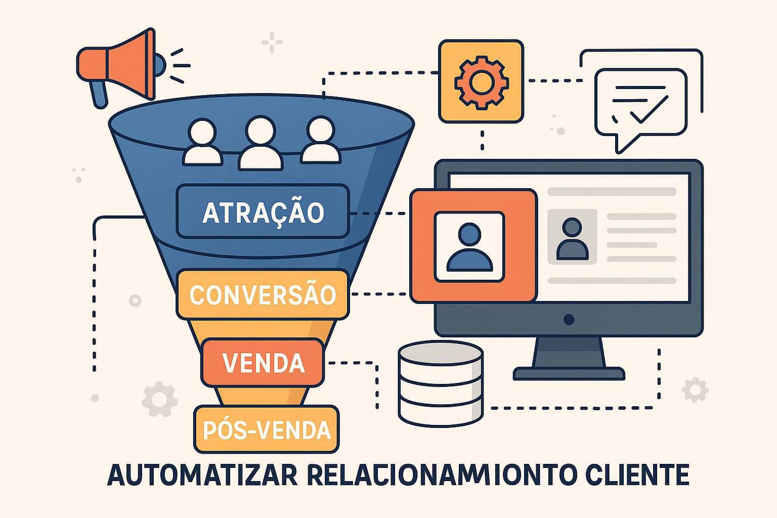 Ilustração de um funil de vendas digital com automações em cada etapa do relacionamento com o cliente