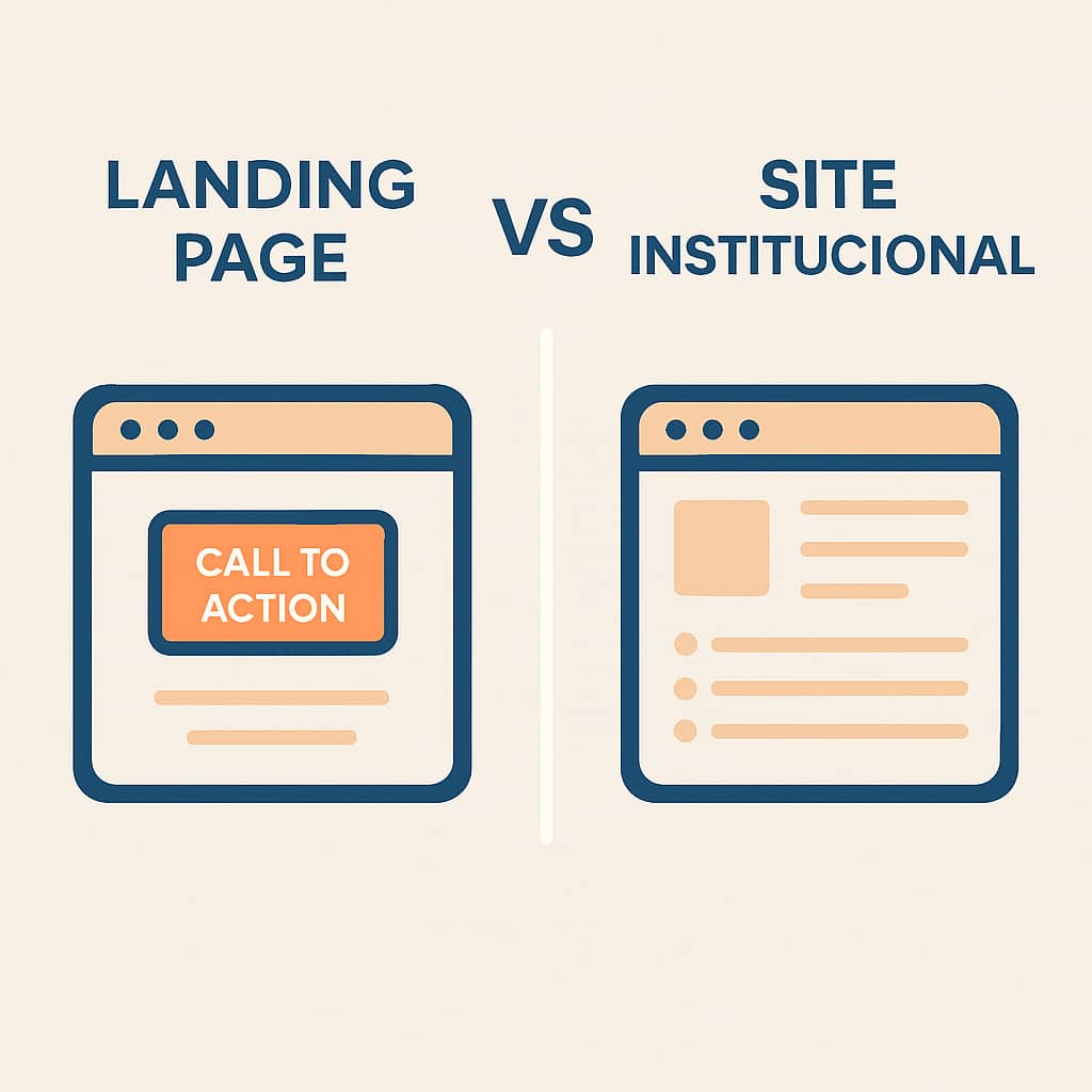 Comparativo visual entre landing page e site institucional