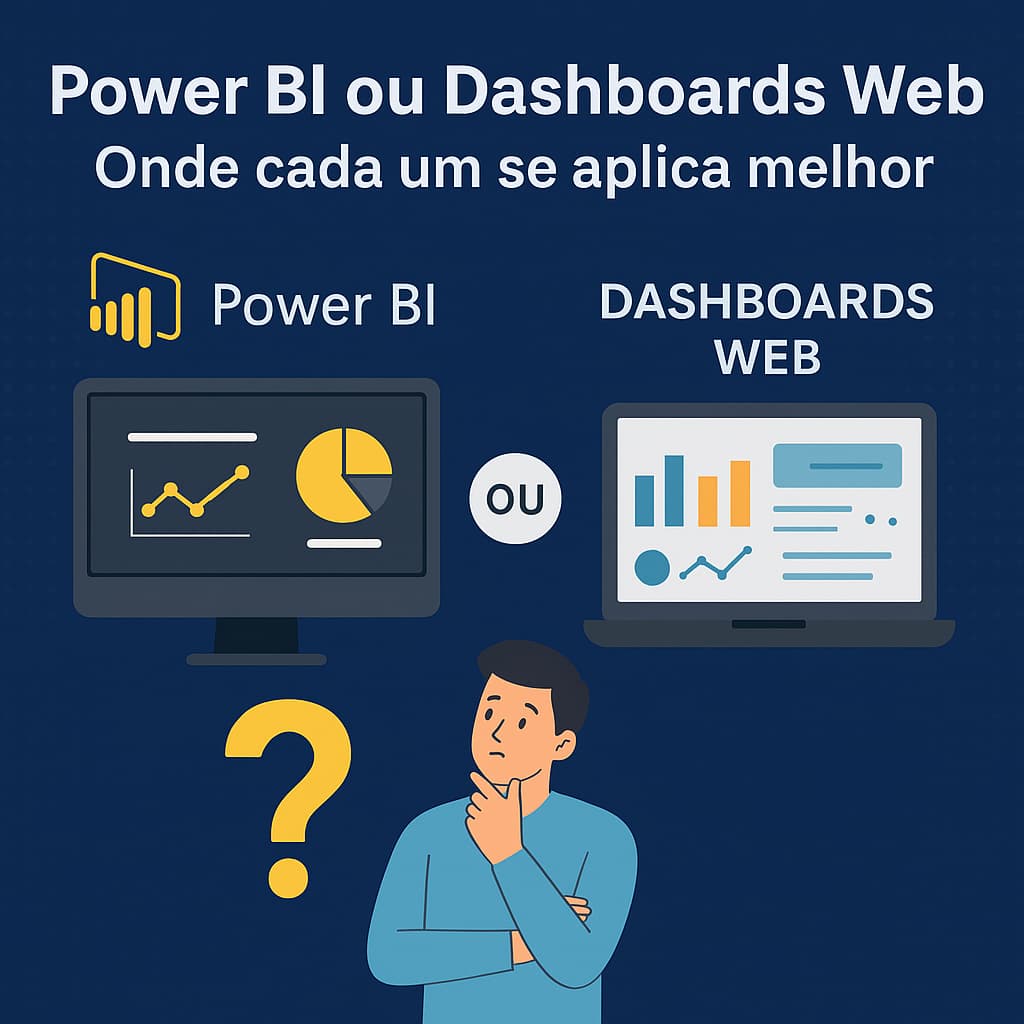 Comparação entre Power BI e dashboards web em uma ilustração digital