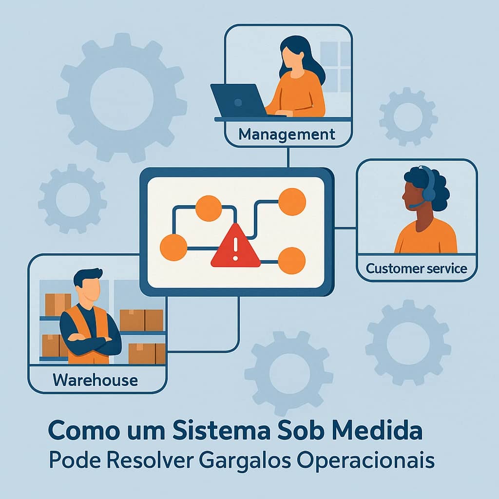 Ilustração de setores operacionais conectados por um sistema personalizado resolvendo gargalos