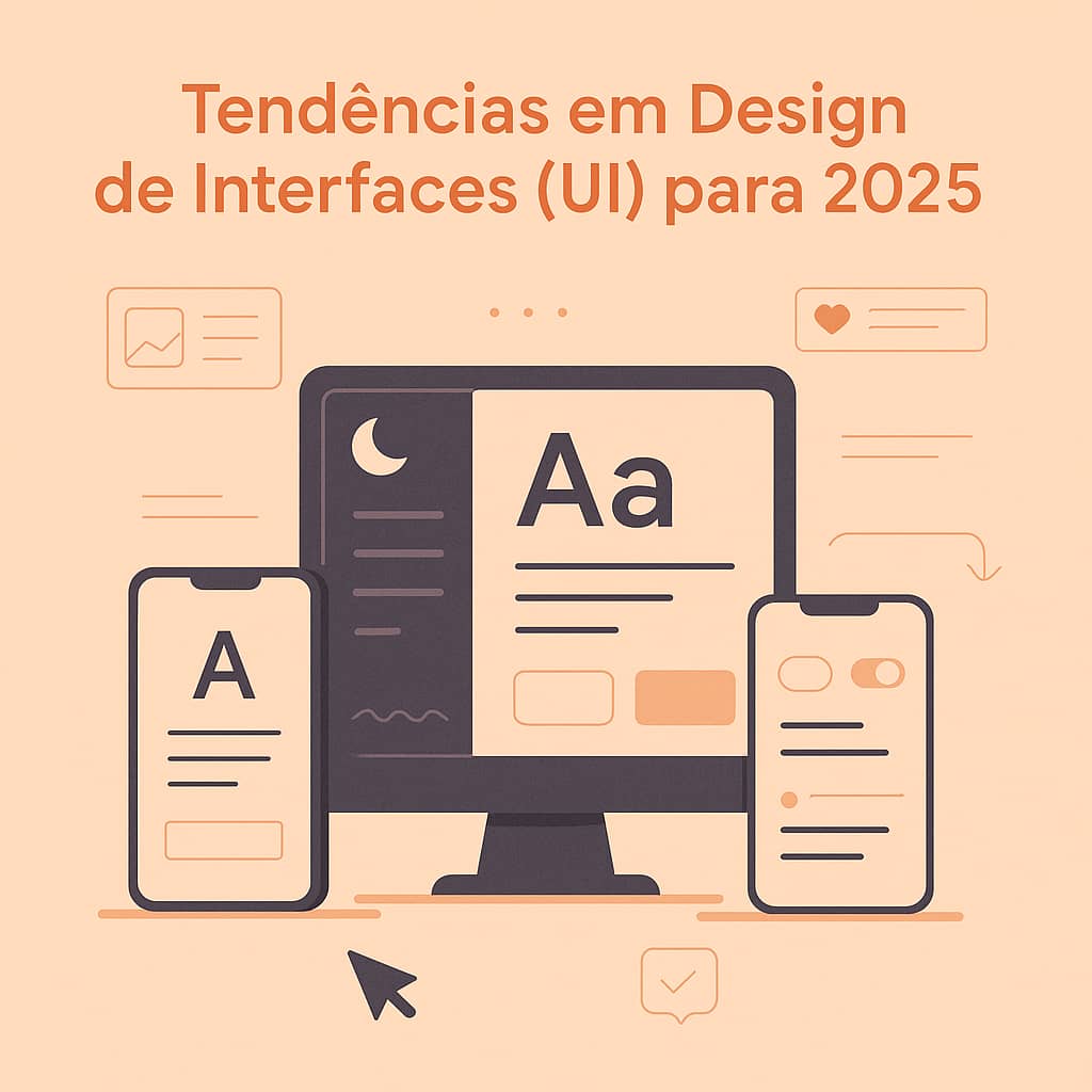 Ilustração representando diferentes tendências de UI design para 2025 com dispositivos modernos e elementos gráficos minimalistas