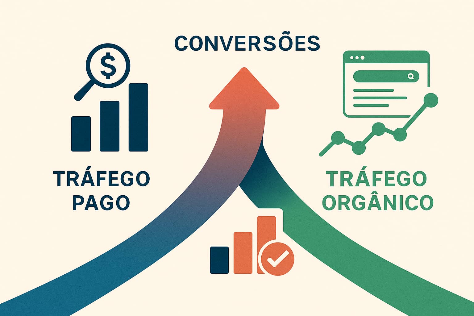 Ilustração de gráficos representando tráfego pago e tráfego orgânico se unindo para gerar conversões