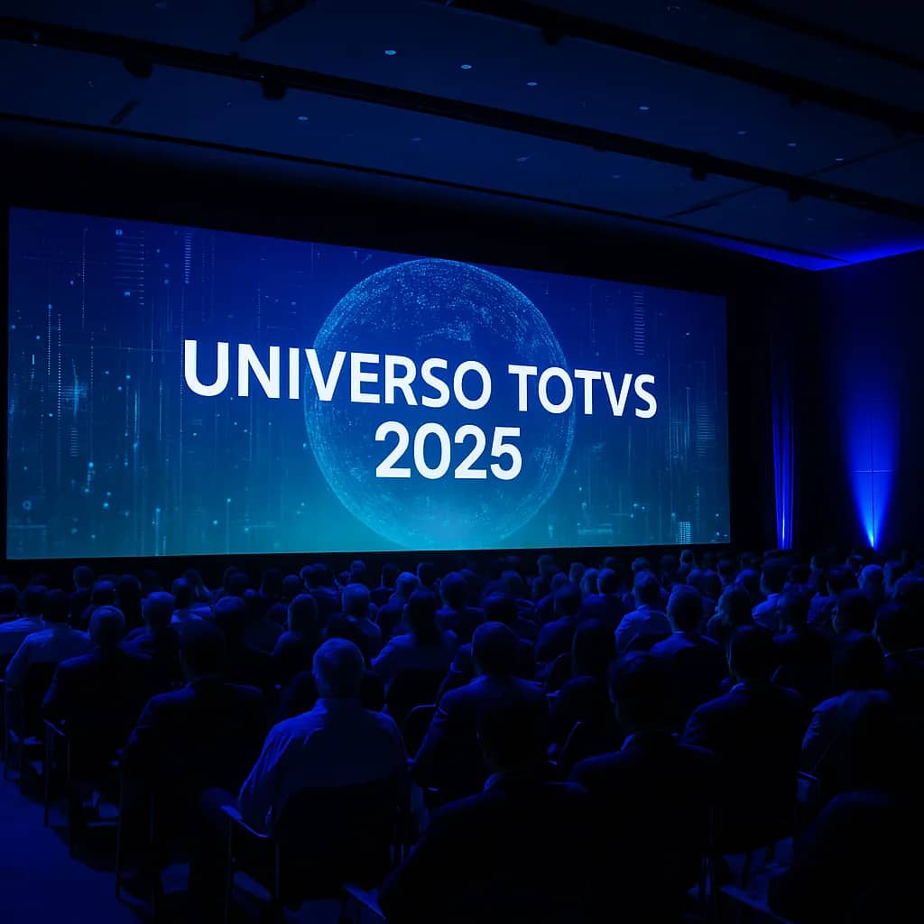 Auditório do Universo TOTVS 2025 com painel digital e público atento