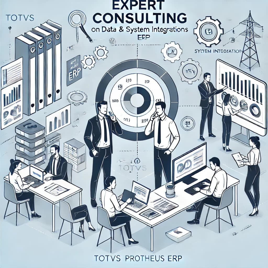 Consultores analisando dados em sistema Totvs Protheus